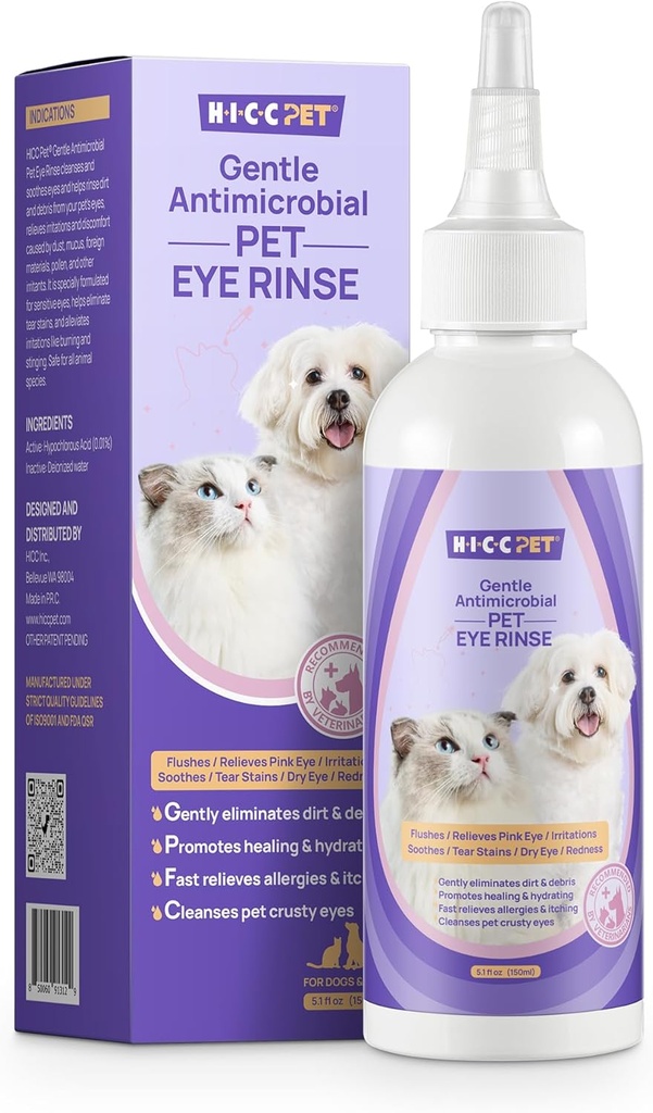 HICC PET 狗眼 Drops 5.1 fl oz Eye Drops for Dogs and Cat Vet 推荐的狗眼感染治疗 Soothe 感染过敏, Relieve Dry Eyes Pink Eyes, Pet Tear Stain 清洁剂
