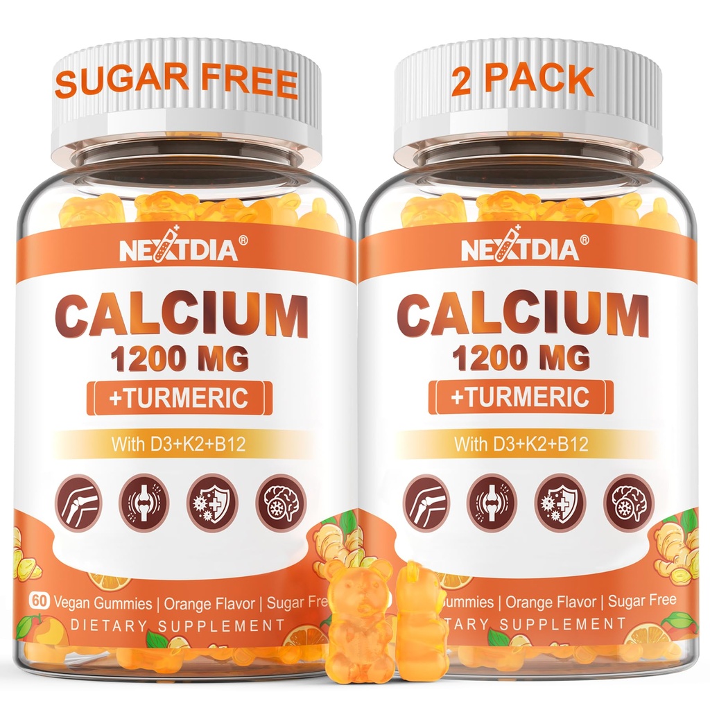 1200 mg 含维生素D3 Gummys - Calcium + Turmeric 补充 含维生素K2 B12 - 支持 Bone & Muscle - 无糖 - Vegan(120个计数)