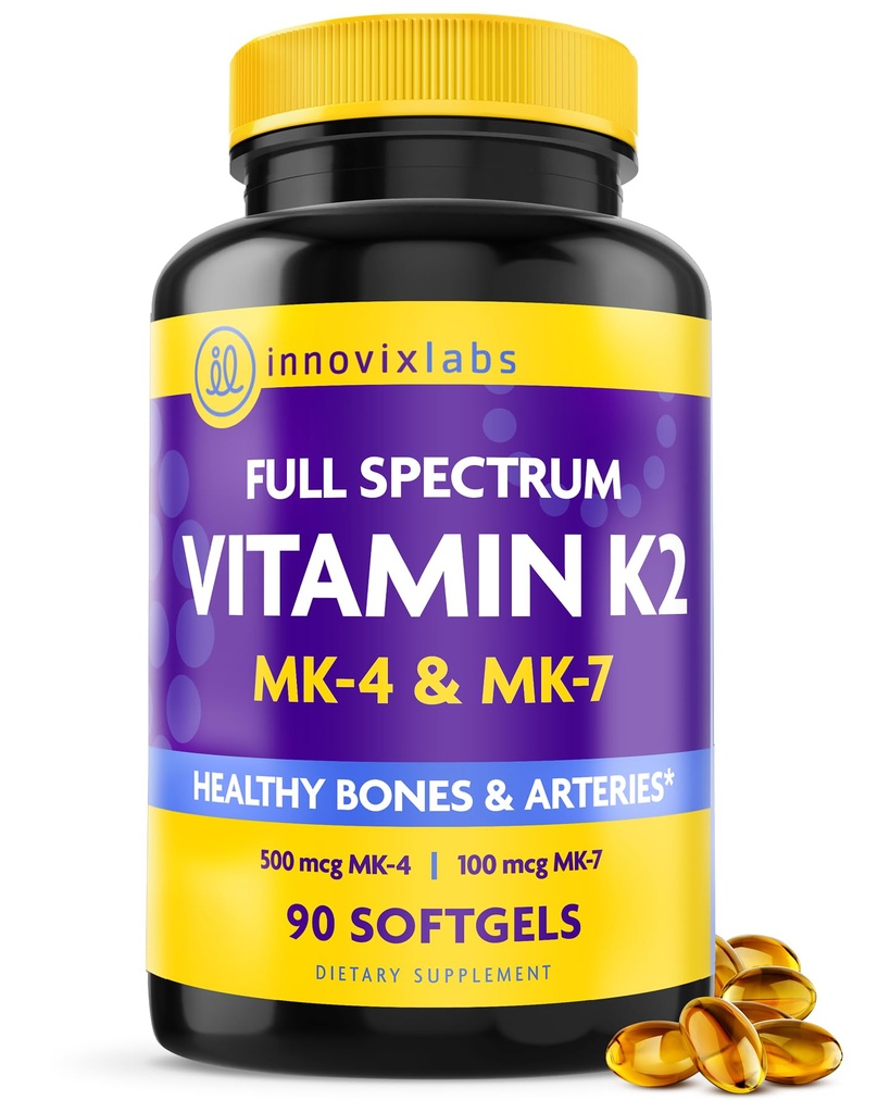 InnovixLabs 全谱维生素 K2-90 具有600 mcg的转录形式MK7和MK4的软胶 - 支持一般健康和骨强力 - 豆和葡萄糖免费K2维生素补充剂