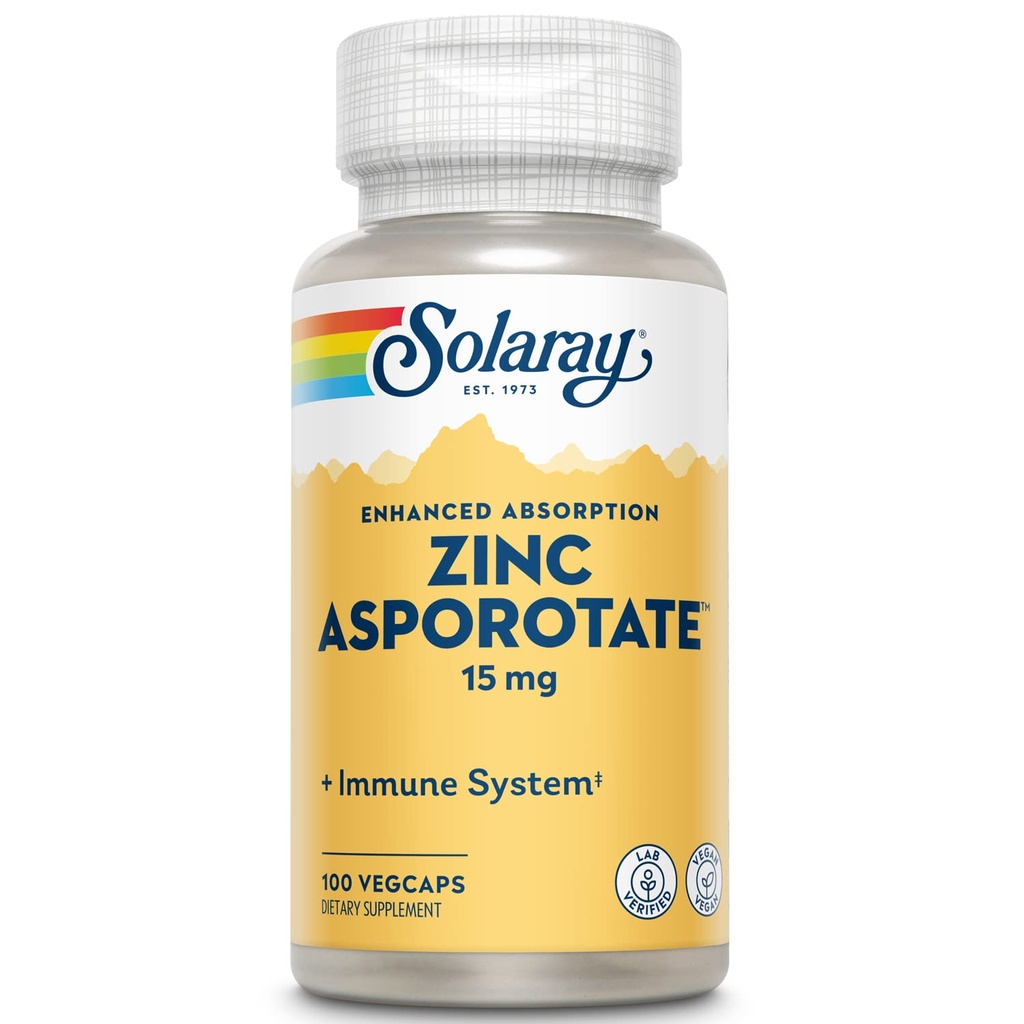 Solaray Zinc Asporotate 15mg Chelated Complex + 免疫和内分泌支持,细胞和皮肤健康公式,100 Veg Caps