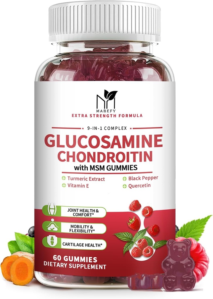 Glucosamine Chondroitin Gummys 三重强度(1 000mg Glucosamine 750mg Chondroitin)与MSM,Turmeric,Quercetin,维生素E,联合支持补充剂,抗氧化剂60 Gummys Raspberry Flavor