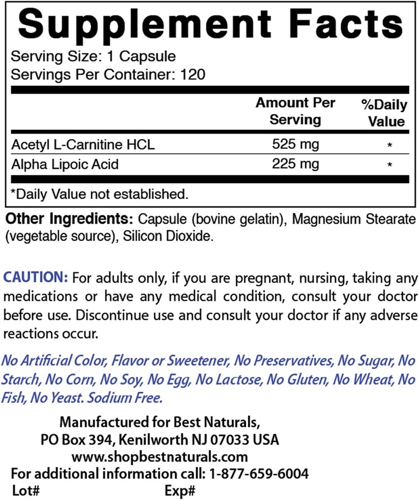 最佳天然乙酰L-Carnitine和Alpha Lipoic酸 750毫克和锌