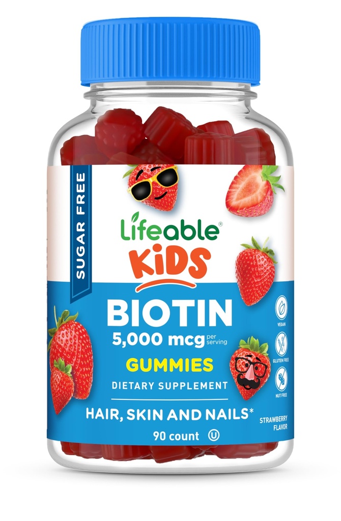 生活无糖儿童 Biotin Gummys 5000mcg – Great Tasting Biotin Supplements – Biotin Gummys for hair growth, Skin and Nail Health – 儿童、男孩、女孩的头发维生素 – 90 Gummys