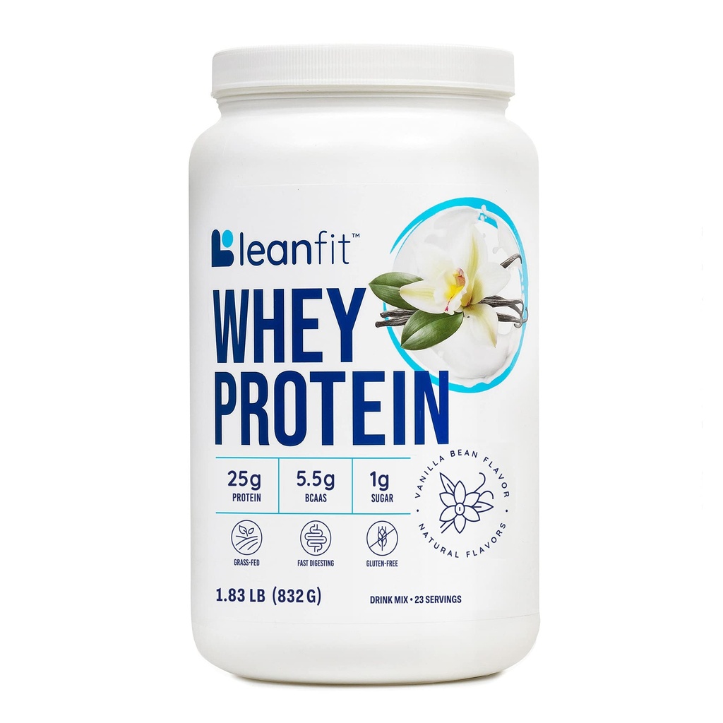 LeanFit WHEY蛋白质天然香草 – 100% Whey蛋白粉,24g蛋白质 per service – grass-Fed,Gluten-Free,低碳,BCAAs,氨基酸 – 23 services,1.83英镑 Tub