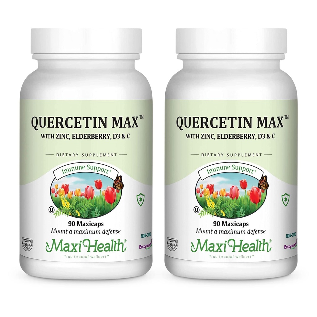 Maxi Health Quercetin 500mg Capsules – 女性和男性锌补充剂 非GMO, Kosher, 和 Gluten-Free Quercetin 配有老年莓维生素C和锌(90 Veg Capsules,包装2)的 Quercetin 补充剂