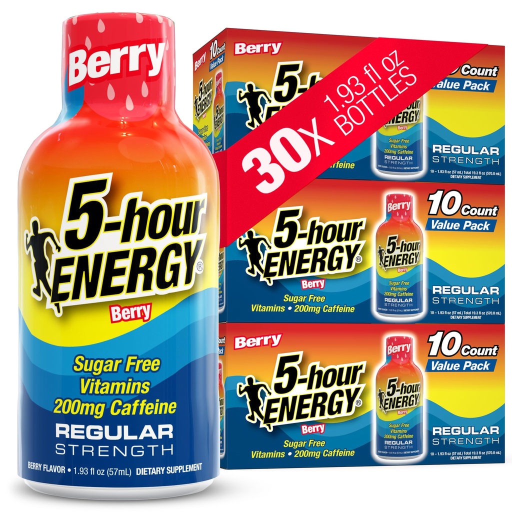 5小时ENERGY射击常规强力,Berry Flavor,30 Counter,1.93 Fl Oz,无糖,零卡路里,氨基酸和基本B维生素,饮食补充,Feel Alert and Energine,200毫克咖啡因