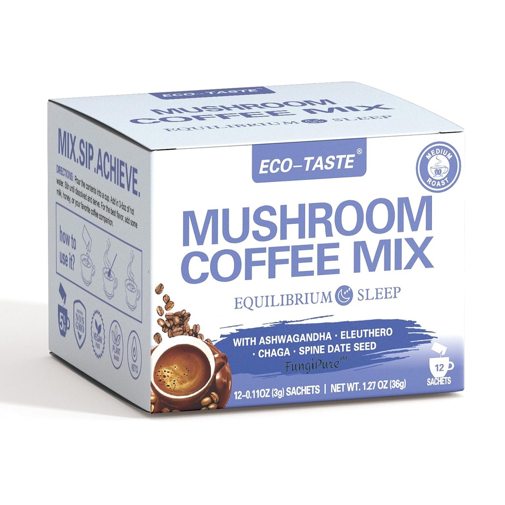 ECO-TASTE 蘑菇咖啡混合物,与阿斯瓦甘达,埃勒特罗,查加,斯宾果枣种子 – 12 Sachets 设计平衡.