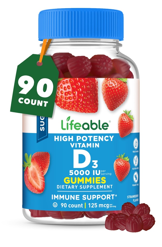 活性无糖维生素D5000 IU - 极品味天然Flavor Gummy 补充剂 - Gluten Free Vegetarian GMO - Free Chewable - 用于免疫支持和骨质健康 - 成人 - 90 Gummys
