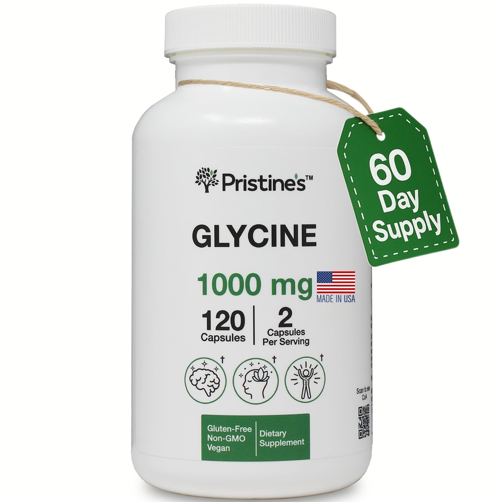 PRISTINE的Glycine 1000MG氨基酸睡眠支持补充剂 Capsules - 60天供应 - 肌肉恢复,Collagen & Kidney支持补充剂 - Vegan, Non GMO, Gluten Free