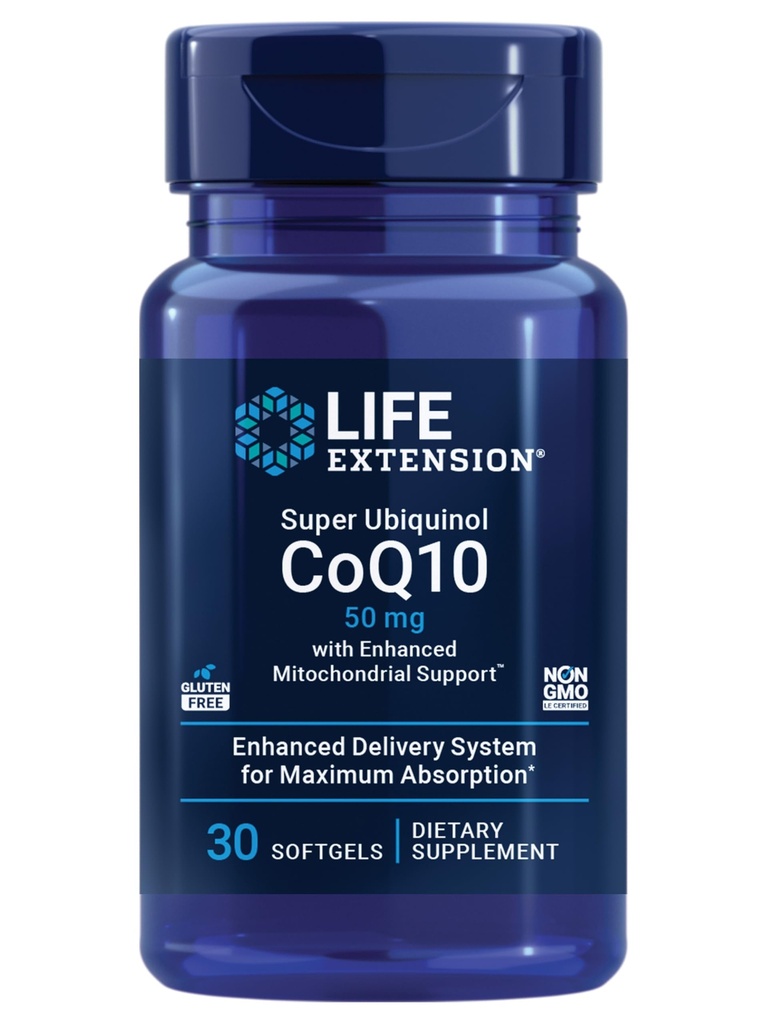 寿命延长 Super Ubiquinol CoQ10 配有增强的Mitochondridrial支持,心脏健康补充,最大吸收,50毫克,非GMO,无糖胶,30软胶