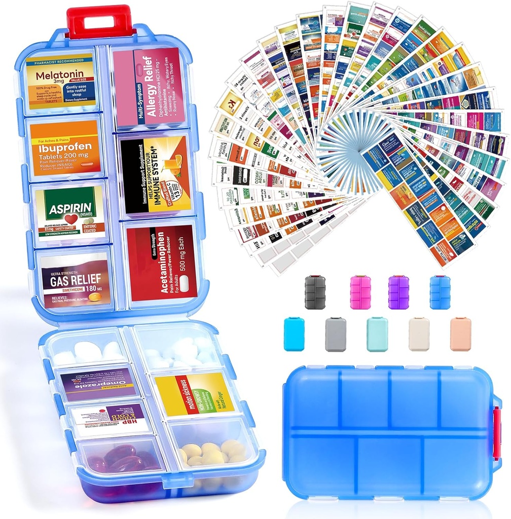 14 Grids 旅行药丸组织器箱 配有 415-Pcs 药品名称标签 - Pocket Daily Pharkey Case Control Kit - 旅行药剂持有者 鱼油维生素补充剂 存储 - 清蓝