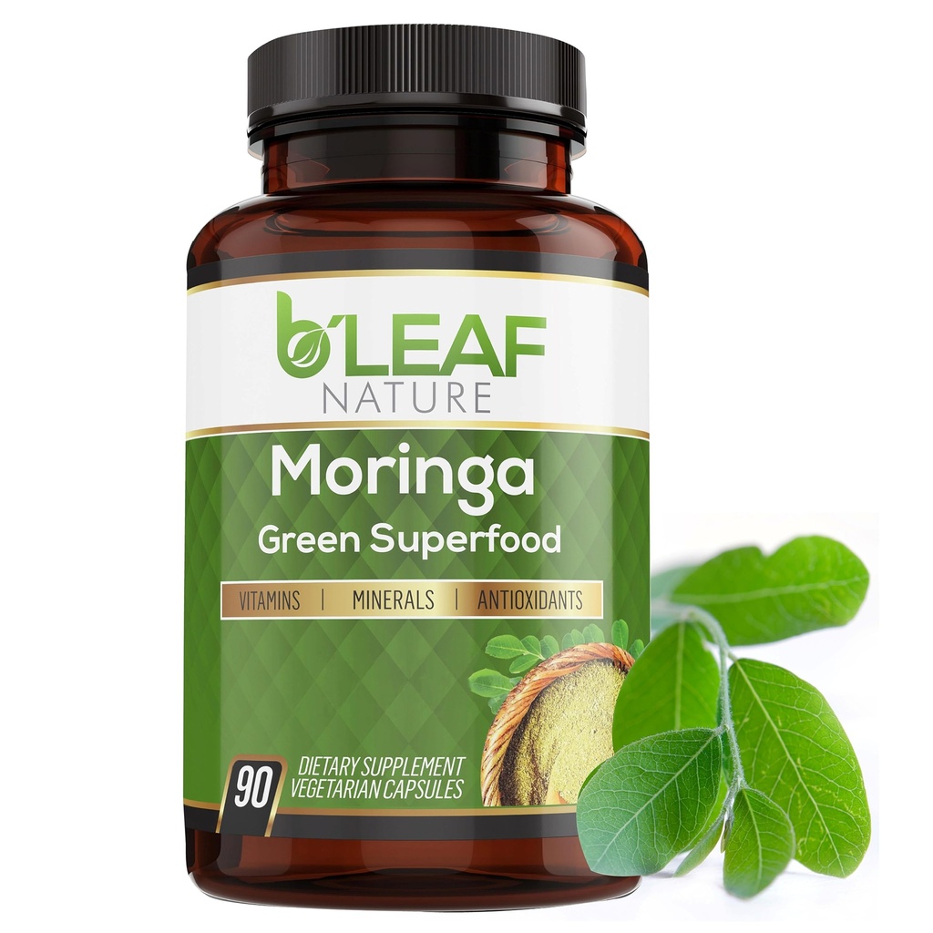 B'LEAF NATURE 有机莫林加 Capsules 1000mg, 90 Counter – Moringa Capsules 配有有机奥莱费拉粉(Olefeira Powder for Imune Support, Energy & 平衡)的有机莫林加 Capsules – Vegan,非GMO 每日健康补充品