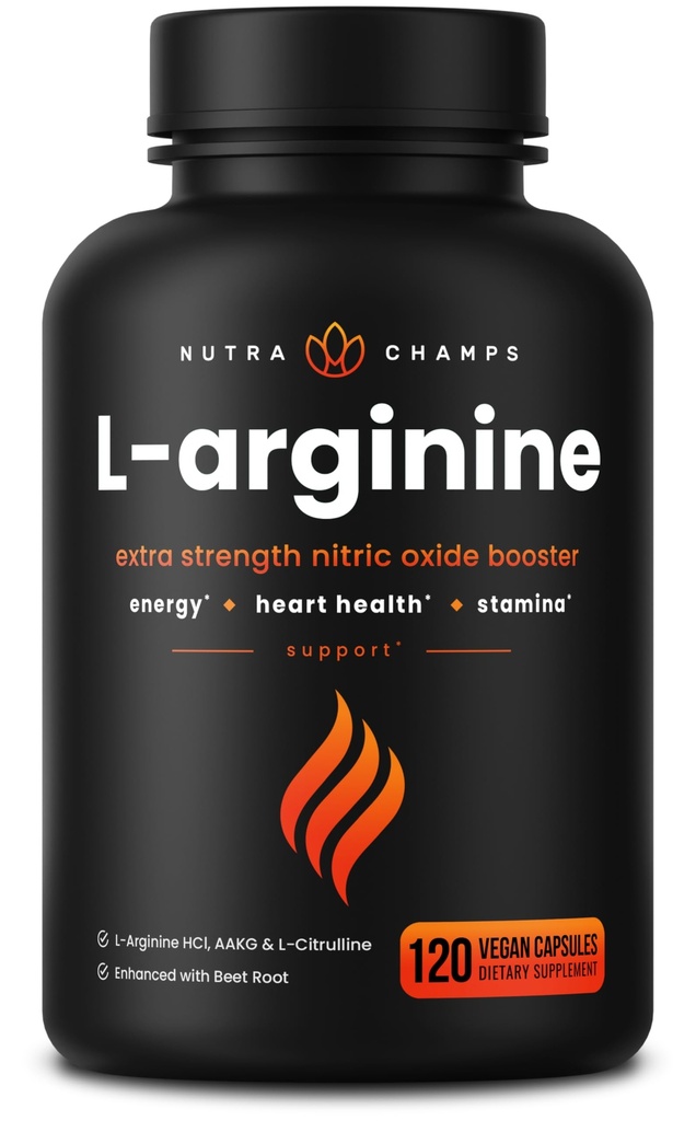 NutraChamps L-Arginine 补充1000mg + L-Citrulline 250mg & Beet Root – Nitric Oxide促进心脏健康,能量和Stamina – 超强氨酸复合物 120 Vegan Capsules