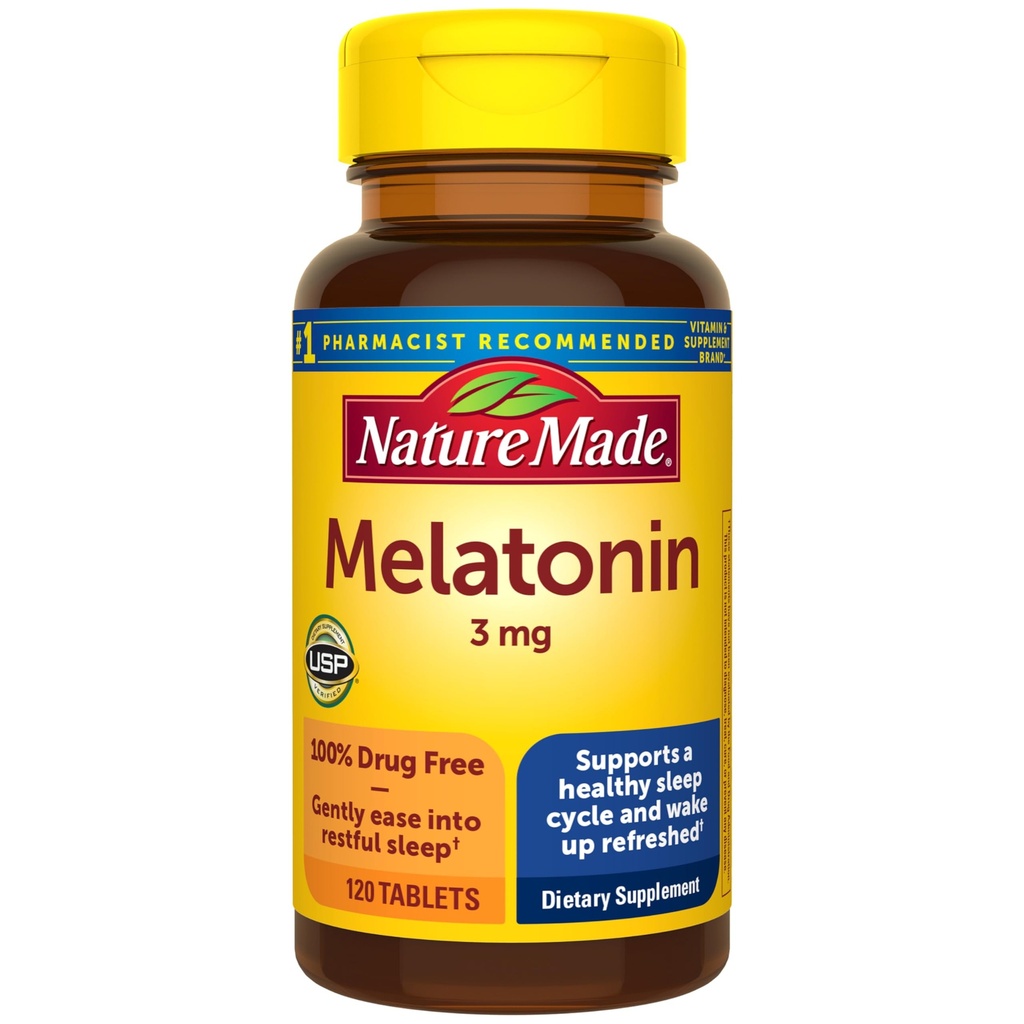 " 自然制造Melatonin3mg成人睡眠援助 " 、 " 无毒品睡眠援助 " 、 " 睡眠补充 " 、 " 120张牌匾 " 、 " 120天供应 "