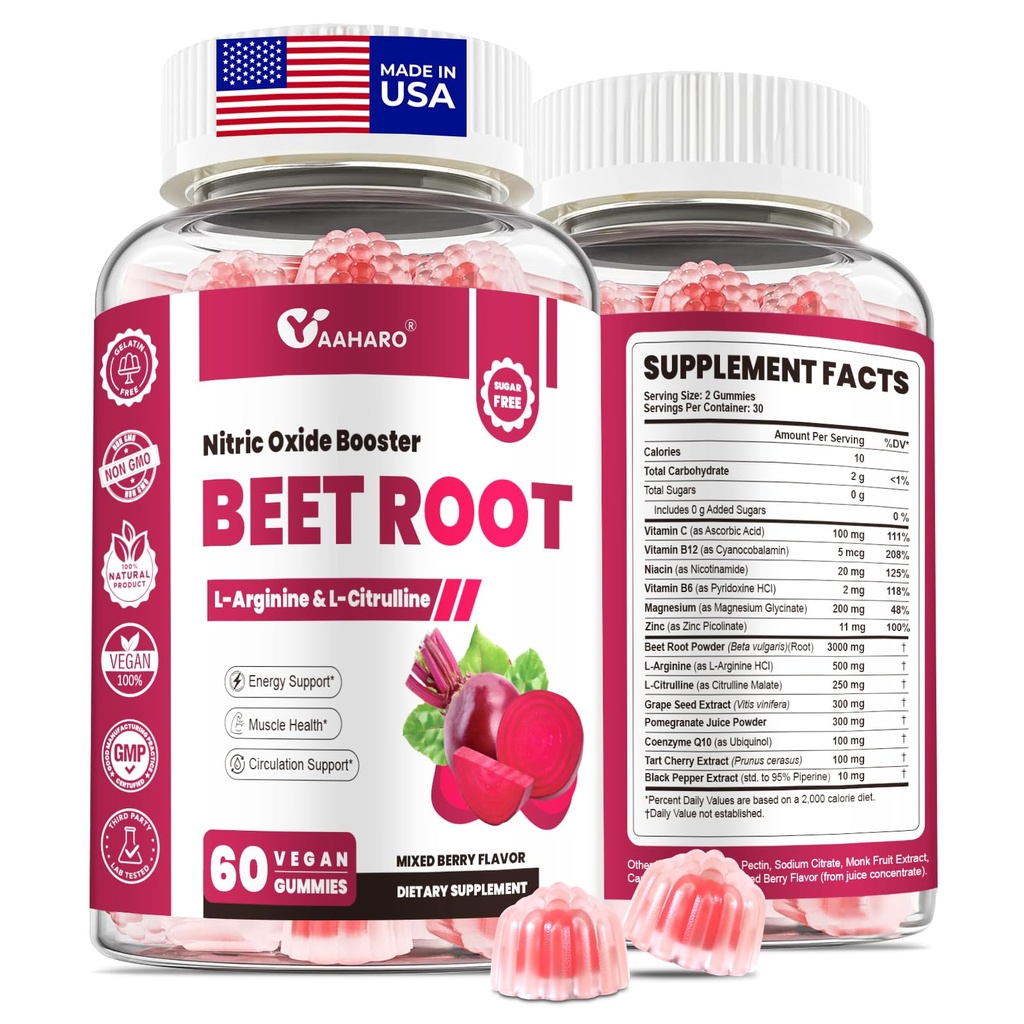Beet Root Gummys - 配有Beetroot,L-Citrulline & L-Arginine的男女硝酸氧化物助推剂补充剂 - 心脏,肌肉和流通支持 - 无糖,Vegan,混合Berry Flavor,60 Gummys