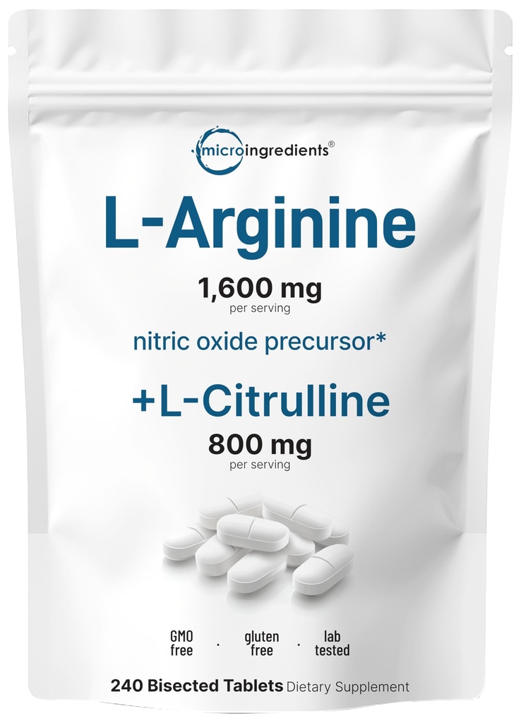 L-Arginine 1,600mg Nitric Oxide Supplement for Men with L-Citrulline, 240 双节食片 | Nitric Oxide Precursor |肌肉,能量,和心脏支持 | Non-GMO, Gluten Free - 4个月供应