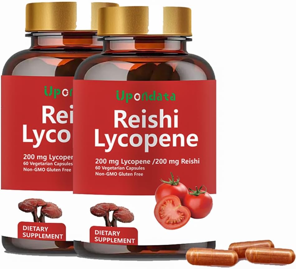 Lycopene Capsules, 天然Lycopene 200mg 与有机Reishi蘑菇 200mg 前列腺健康和免疫支持补充剂 - Gluten-Free, Non-GMO, 60 Capsules (2包)