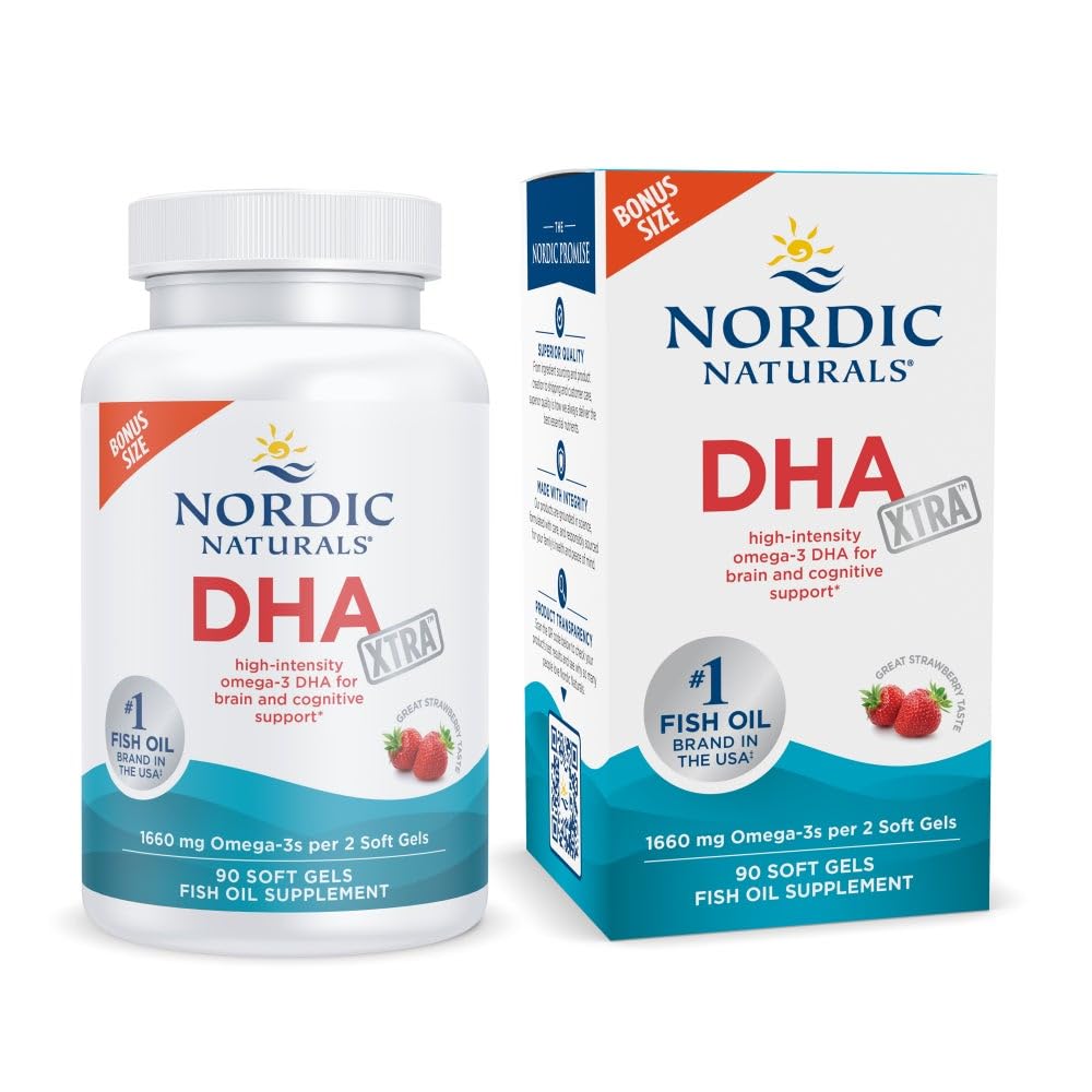 DHA Xtra,草莓 - 90 软宝石 - 1660 mg Omega-3 - 大脑和神经系统支持的高强度DHA公式 - 非GMO - 45 服务