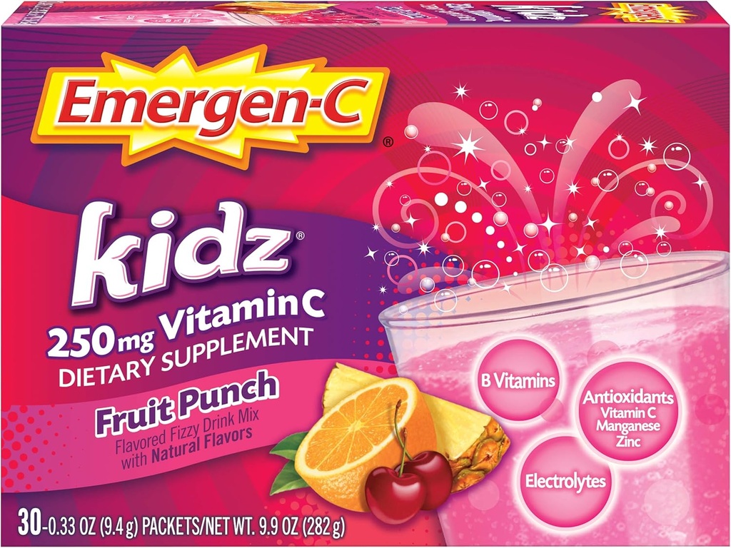 Emergen-C Kidz 250 mg Kids Vitamin C Powder, Cafeine Free, Immune 支持饮用混合剂,水果冲刺Flavor - 30 Count/1月供应量