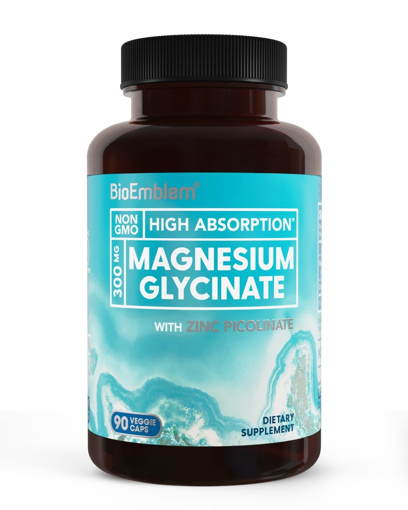 BioEmblem 甘化镁加锌 - 300mg Chelated 镁补充剂 - 高吸收 Vegan N-GMO 2-in-1 复合物 - 免疫支持,肌肉,神经 - 90 盖