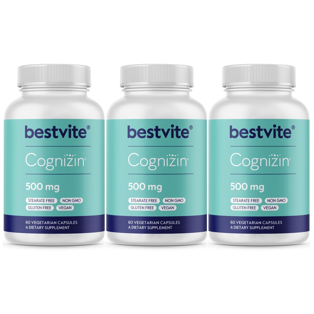 BESTVITE Cognizin Citicoline 500 mg(180 蔬菜卡普尔斯)(60x3) - 临床研究 诺特罗匹克猪笼草(Premium Choline Nootropic) - 无 Stearates - Vegan - Gluten Free - Brain 补充记忆和焦点