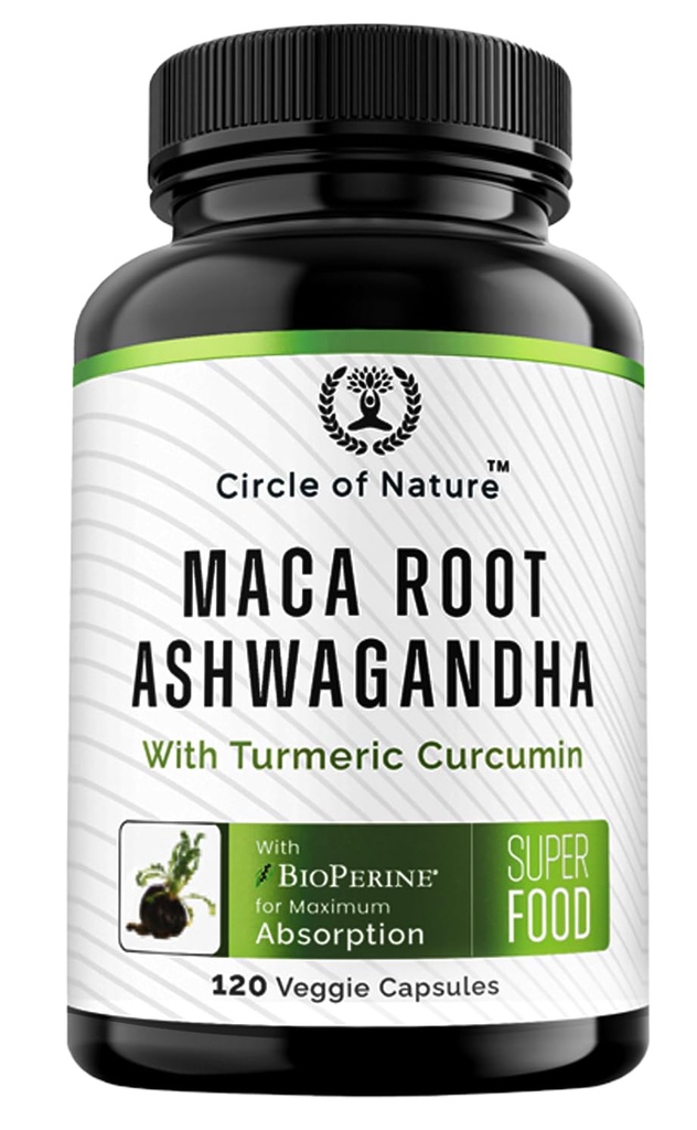 Maca Root, Ashwagandha Root 提取器,带有Turmeric Crucumin和Bioperine的男女卡普勒斯