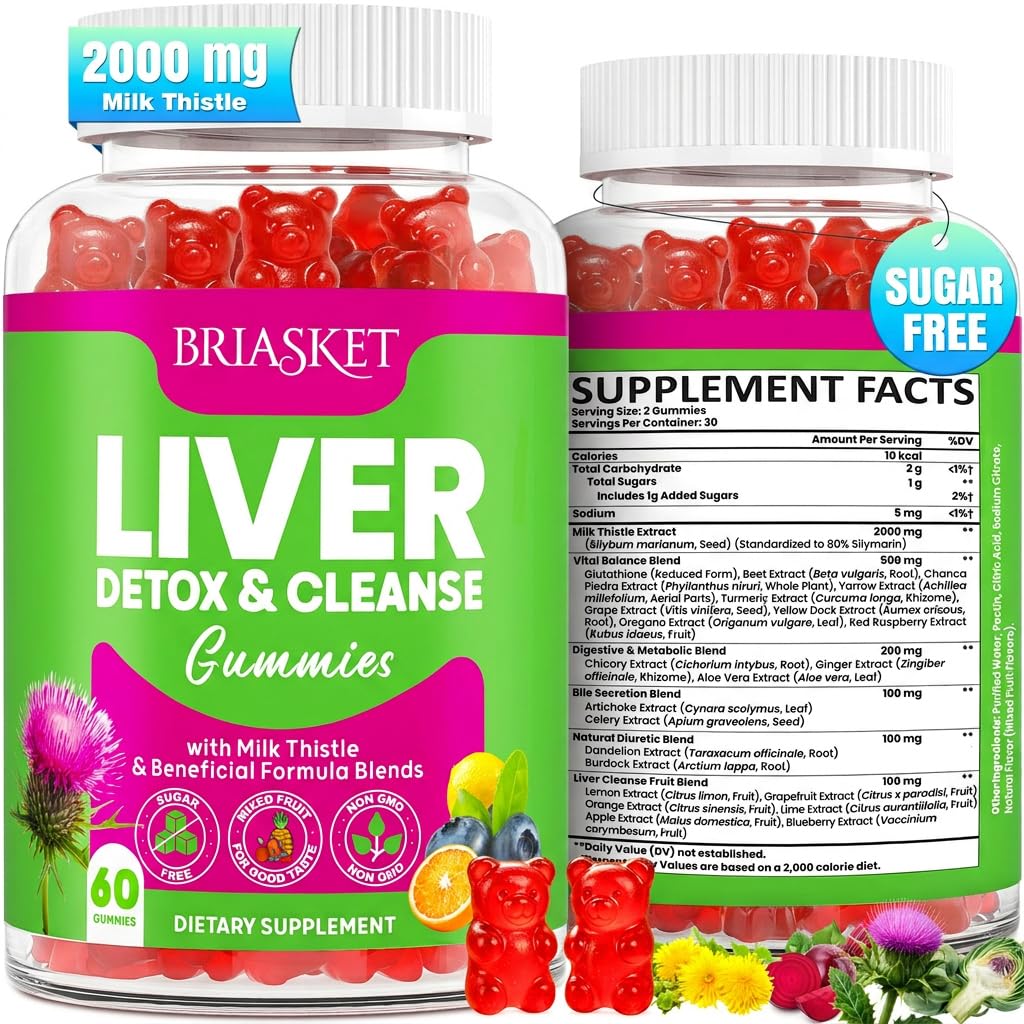 肝脏Detox Cleanse & Reference,2000 mg Milk Thetle Liver Detox, 肝脏支持补充Glutathione, Dandelion Root, Turmeric & Artichoke, 23-in-1Herbal for Liver & Gut Health, Vegan, 60 Gummies