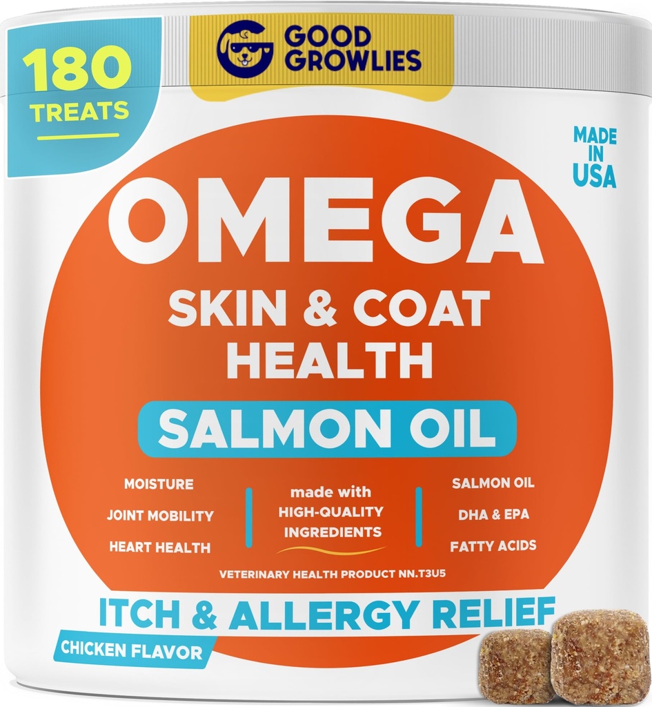 Omega 3 Fish Oil for Dogs (180 Ct) - Skin & Coat Chews - 干燥&Ichy 皮肤救济+过敏支持 - Shiny Coats - EPA&DHA Fatty Acids - 天然沙门油菜促进心脏,Hip和联合支持