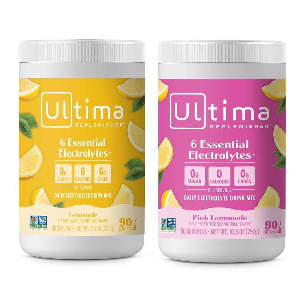 Ultima Electriener Electriclolyte Powder Drink Mix Bundle – 免糖药 – 柠檬水和粉红柠檬水,90 services - 水解粉 - 6 键电解质和追踪矿物 – Keto 友好,非GMO