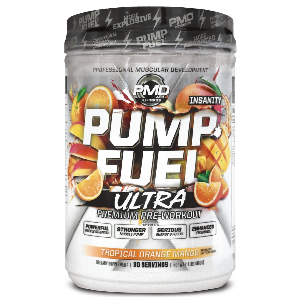PMD 运动泵燃料 Ultra Insanity - Premium Prewout Powder & Muscle Pump, 更大的焦点,耐力和回收,Premium Creatine, Arginine & Beta Alanine, 热带橙色芒果(30架)