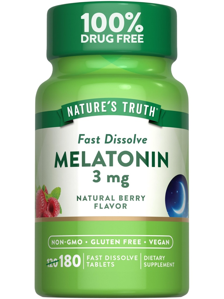 Nature's Truth Melatonin 3mg 快溶石板 ###180 Counter Berry Flavor ###Vegan, Non-GMO & Gluten Free Suppless