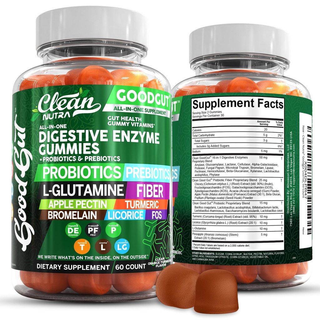 清洁营养素 消化酶 配有增生素和预生素 消化健康 Gummys & L-Glutanine 配有 Gut Health Bromelain Apple Pectin Inulin FOS 植物基 Vegan Gummy 维生素