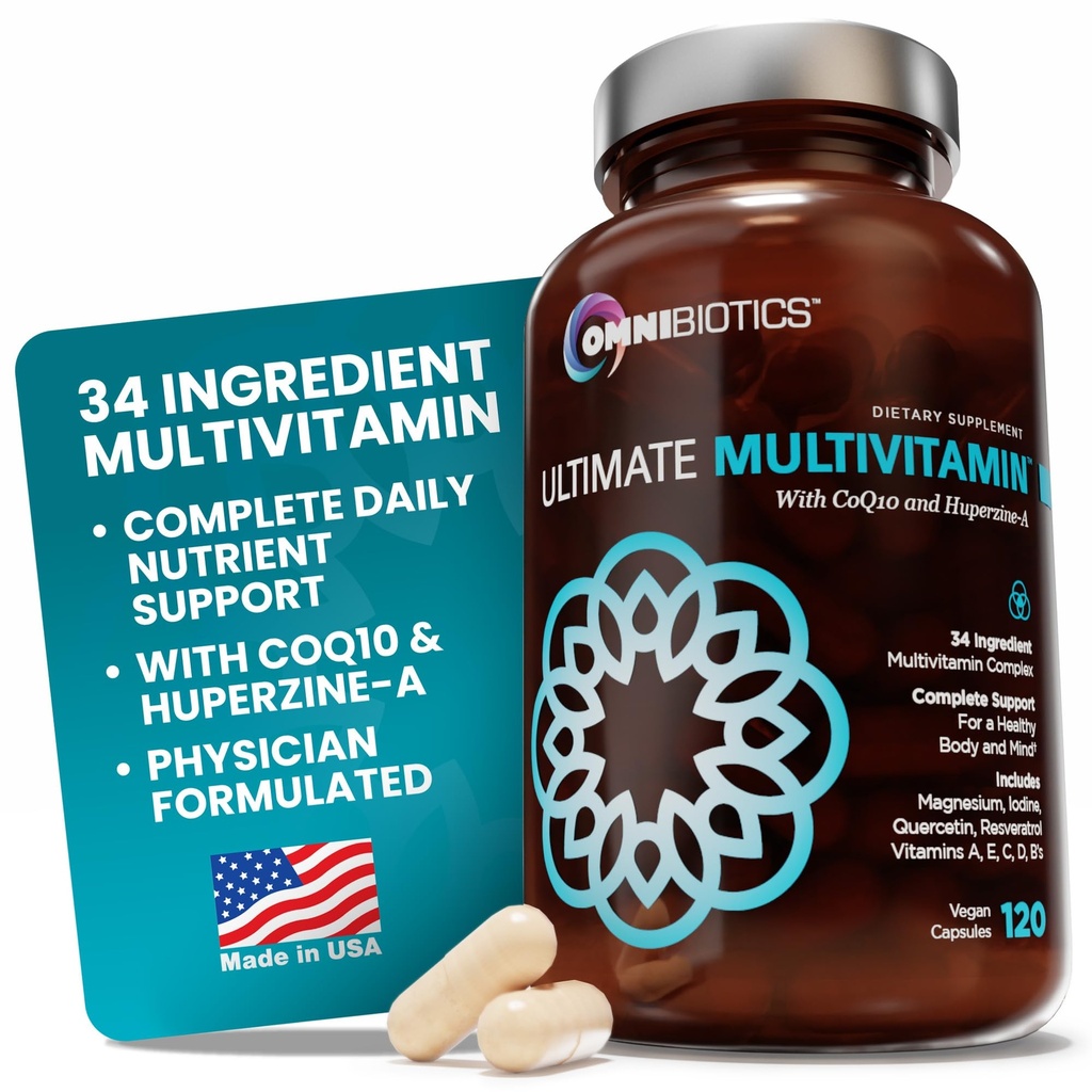 OmniBiotics Ultimate Daily Multivitamin for Men & Men – 34 基本成分包括维生素A, C, D, E, B6, B12, Biotin, Zinc – 120 Vegan Capsules
