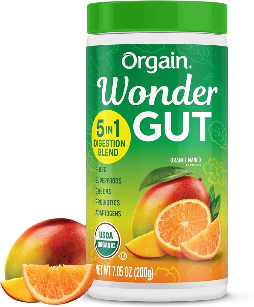 Orgain 有机神奇Gut Fiber 补充粉末 5 in 1 blend 配有 1 亿 Probiotics, Greens, Vitamin C, 适应基因 用于Gut 健康和免疫支持, Non-GMO, Orange Mango, 7.05 oz