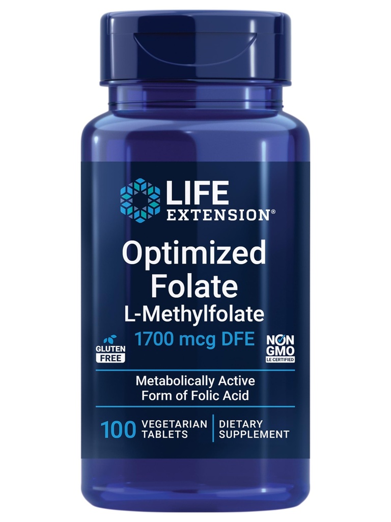 生命延长优化 Folate – L-甲基folate – Heart & Brain Support, 健康Homocysteine Levels – Non-GMO, Gluten - Free, Vegetarian – 1700 mcg DFE, 100 蔬菜片