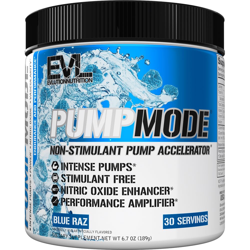EVL 泵 Mode 氮氧化物补充剂 - 硝氧化物助推泵 配有甘油醇和贝氏剂用于肌肉复苏生长和耐力的预工作粉 - 兴奋剂免费预工作饮料(蓝色Raz)