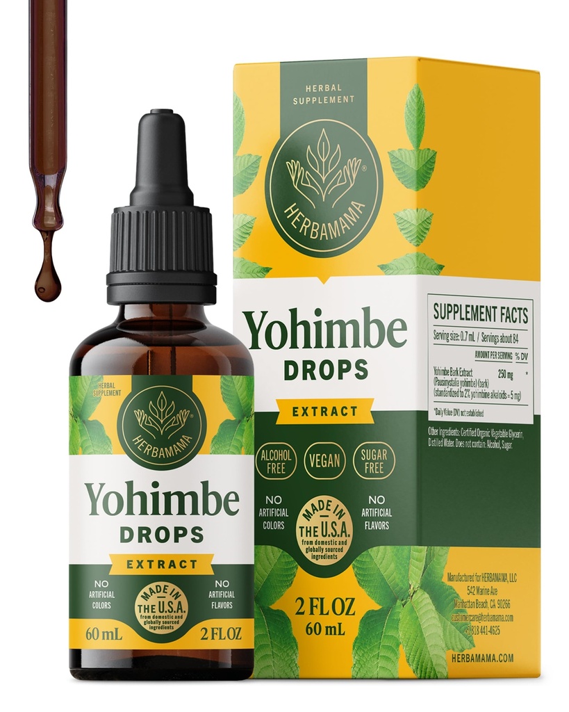 HERBAMAMA Yohimbe 男女补充 -- -- 与Yohimbe Bark 节选 -- -- 非GMO、酒精和无糖Yohimbine Drops,42天供应