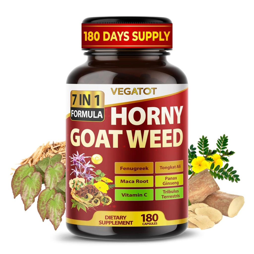 Horny Goat Weed 600 mg with Yohimbine, Tongkat Ali, Maca, Tribulus & Panax Ginseng – 8-in-1 力量与生命力支持 – 180 Capsules – Vegat – Gluten-free, Lab 验证