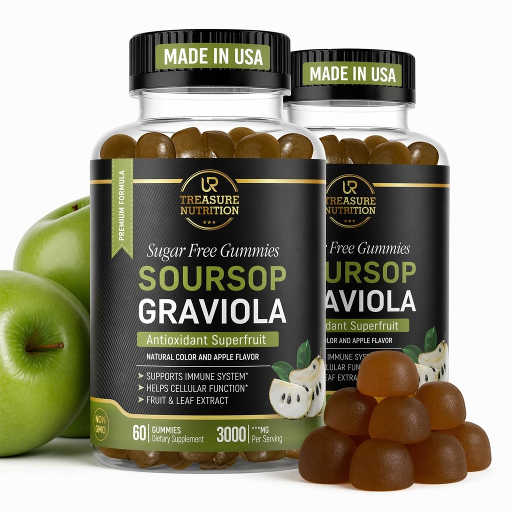 Soursop Leaves & Soursop Fruit Gummys - 3000mg Soursop 摘录 - 2 Pack Graviola 补充 - Soursop 水果和叶片 - 120ct - 无糖 - Gluten Free - 非GMO - Vegan 友好