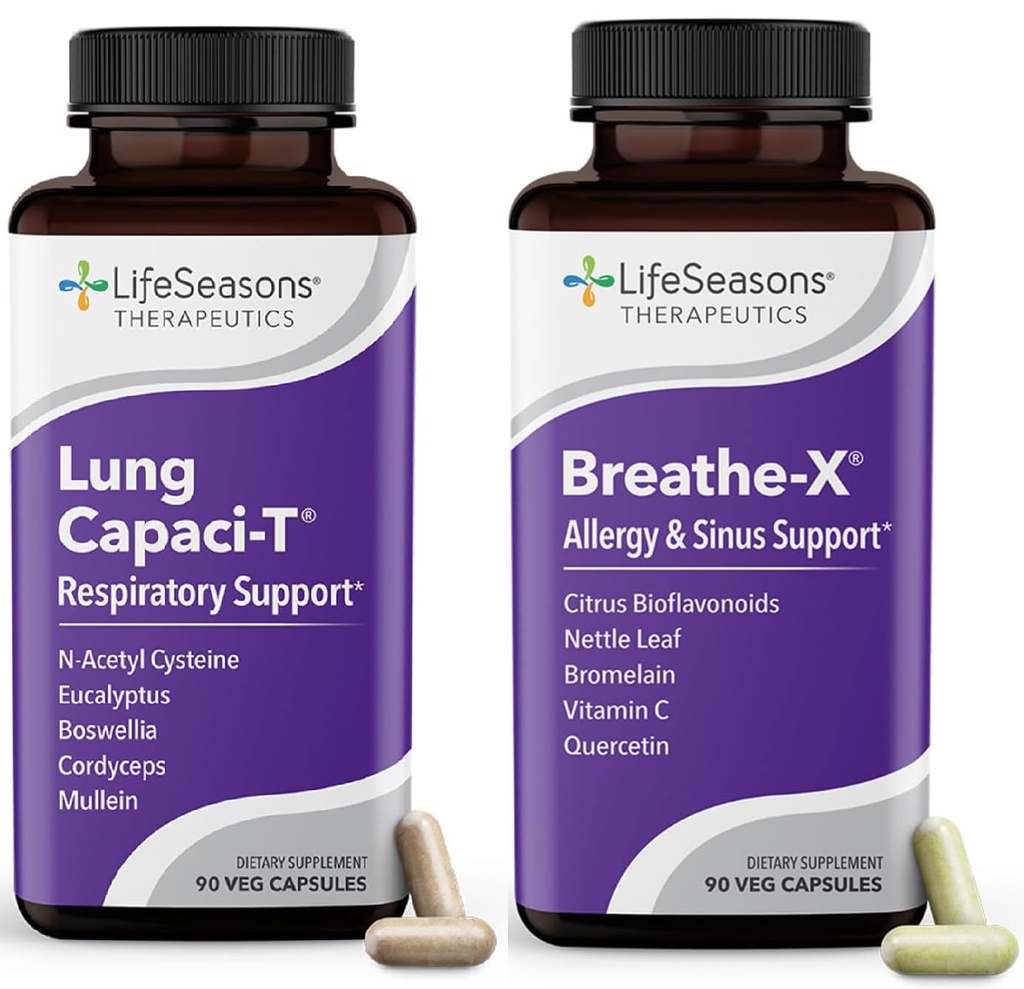 LifeSeasons Breathe-X with Lung Capaci-T - 过敏和呼吸支持 - 快速代理阴道救济 - 提高氧能力并减少穆库斯 - 180 Capsules