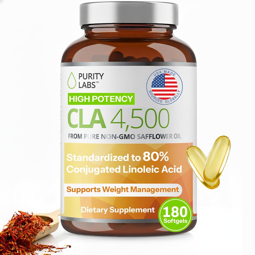 纯度实验室 CLA 补充4500MG - 非GMO Safflower Oil - 支持能源、体重损失、心脏健康和肌肉健康 - 180 软凝胶