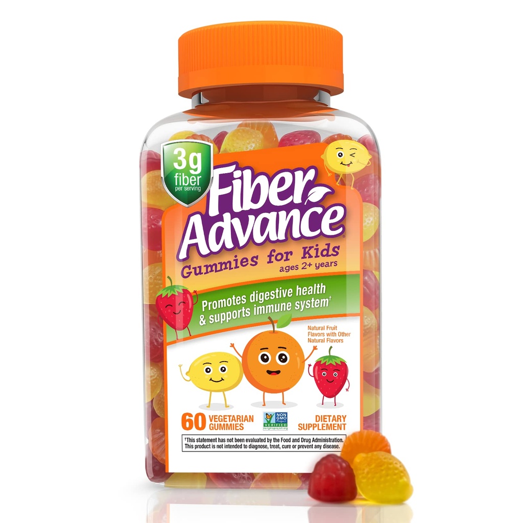 给孩子的Fiber Advance Gummys = 100% 植物基纤维补充 用于消化健康 = 预生 Fiber Gummys = 给孩子们的维生素 = Gluten Free, Vegetarian, & Non-GMO, 60 Counter