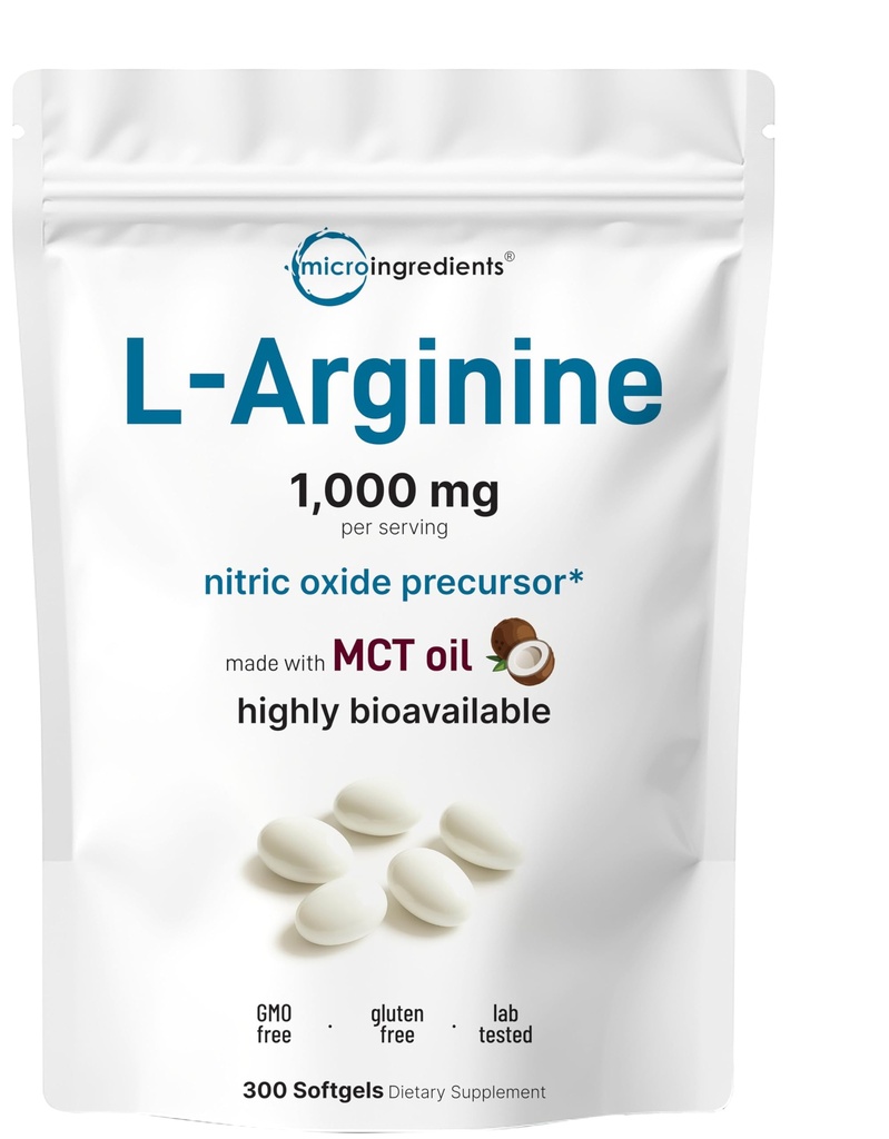微成份 L-Arginine 1000mg 与 MCT Oil, 300 Softgels → 男女硝酸盐前体 * → 每日健康 → 非GMO, Gluten Free, no Soy