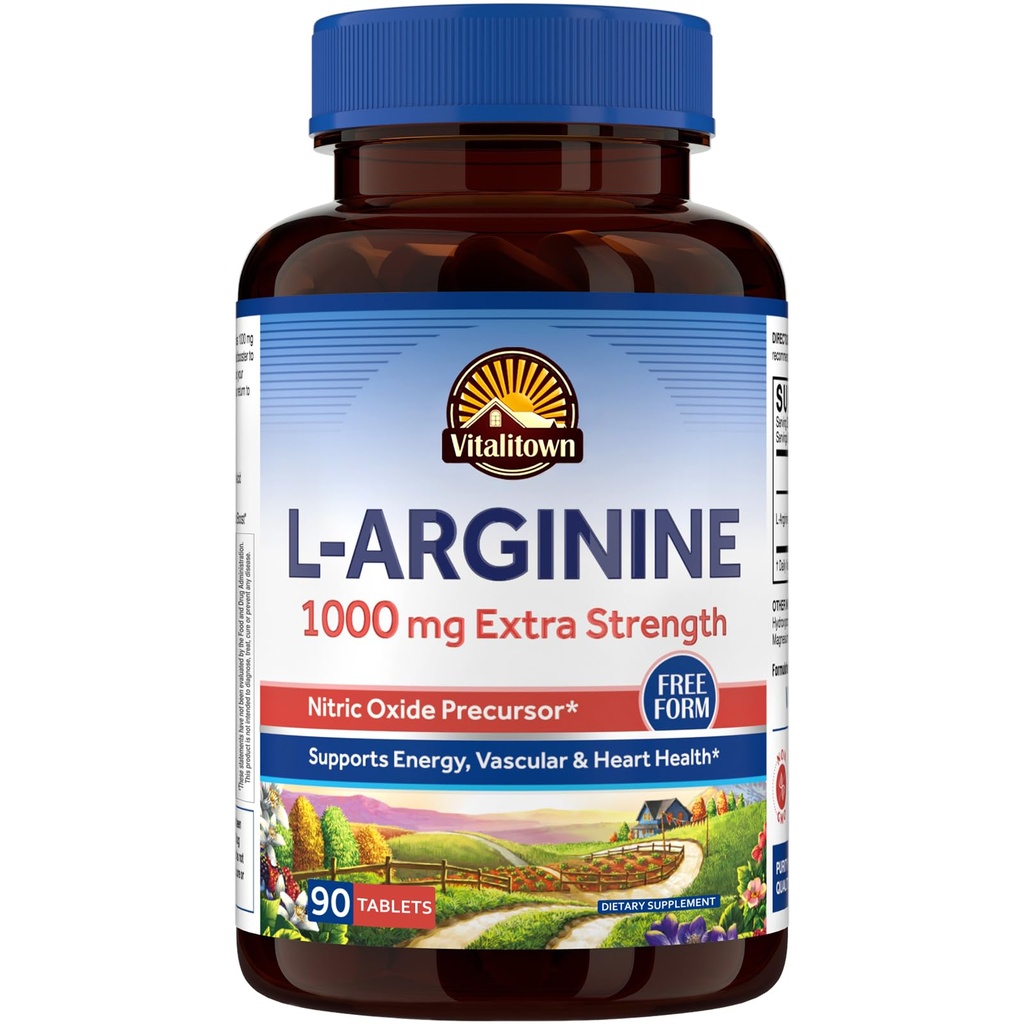 Vitalitown L-Arginine for Men and Women, 1 000 mg, Nitric Oxie Boster 补充剂,无胶片,非GMO,耐力,工作,血液流动支持,90片