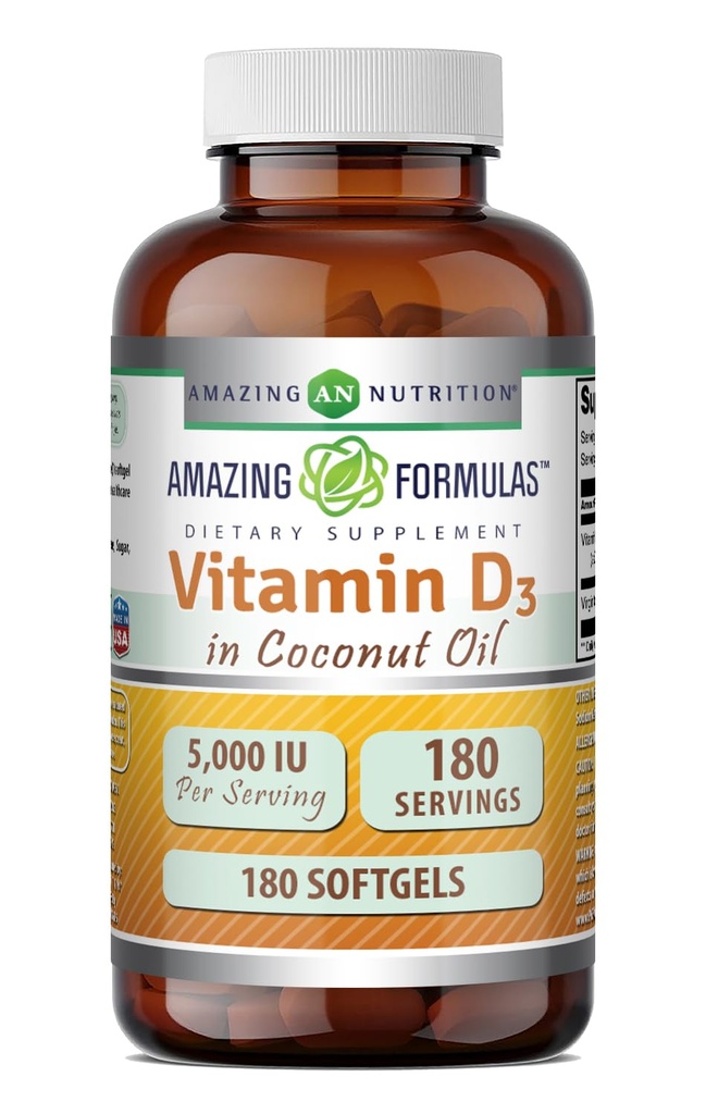 配有椰子油补充剂的维生素D3神奇配方 | 5000 IU Per service | 180 Softgels | 非GMO | Gluten Free| | | |  USA  USA  USA  USA  USA