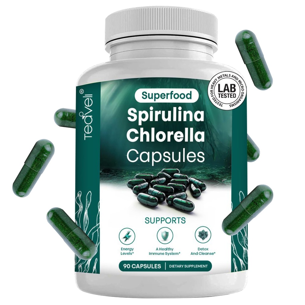 螺旋藻和Chlorella Capsules – 氯素药丸和蓝绿色藻类支持强力解毒,能量与健康免疫系统 – 3X More Chlorella Spirulina Powder/Serving – 90 Ct
