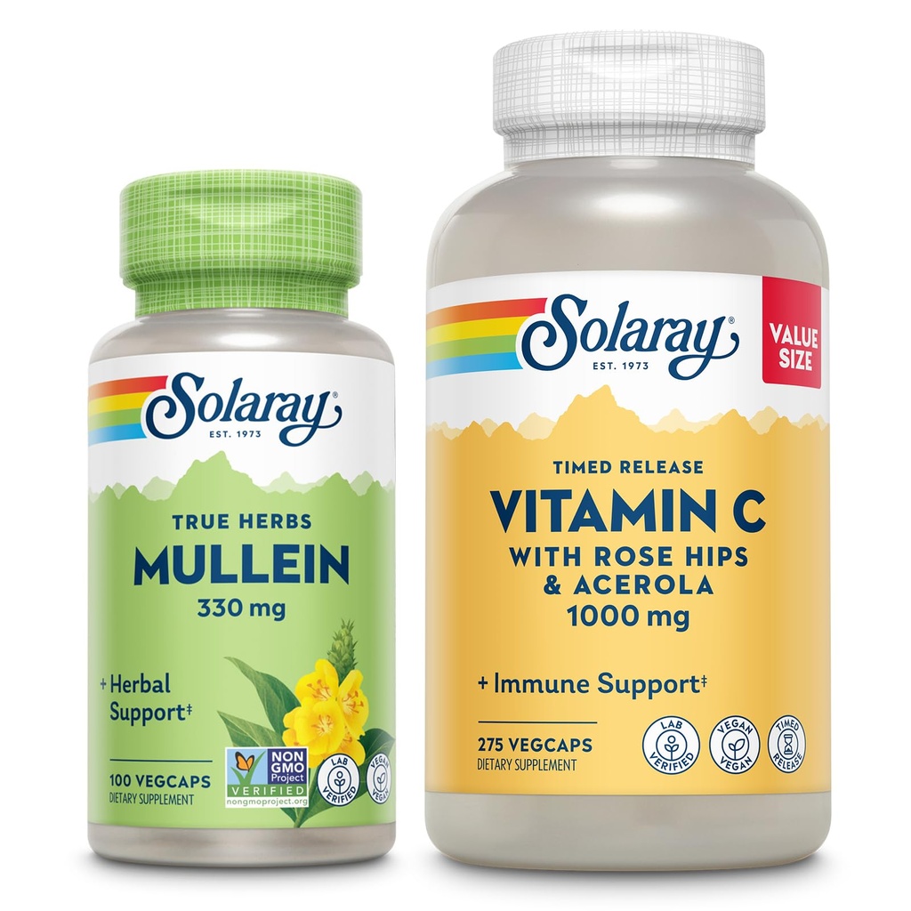 SOLARAY维生素C 1000mg和Mullein Leaf Wellness Bundle - 时间释放维生素C 补充品和Mullein Capsules,传统上用于健康支持-Vegan,60天保障,275/100 Veg Caps