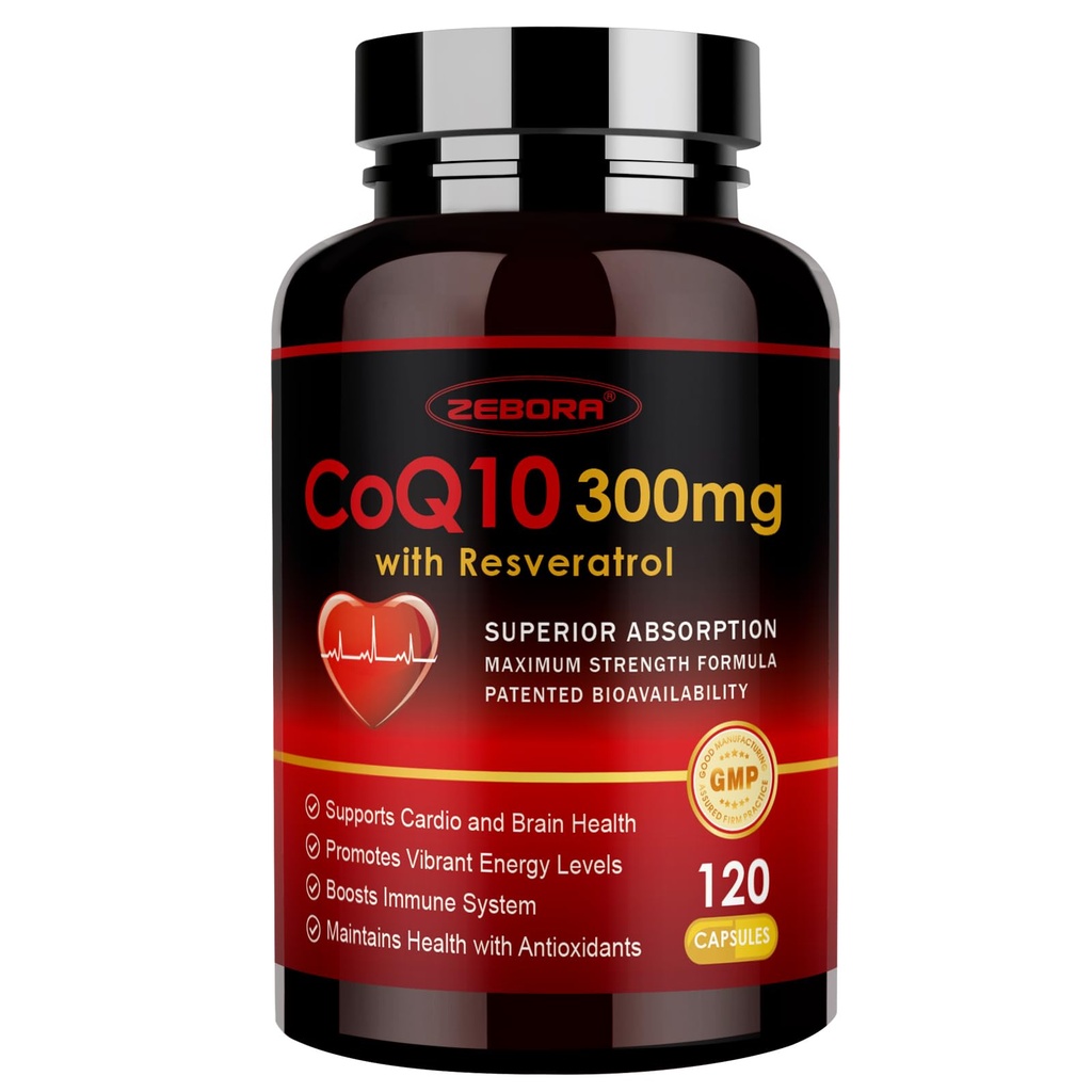 ZEBORA CoQ10-300mg 与Trans-Resveratrol,PQQ & Vitamin E - 高吸收Coenzyme-Q10 与BioPerine - 强大的抗氧化剂用于心脏和能量生产,120 Veggie Capsules