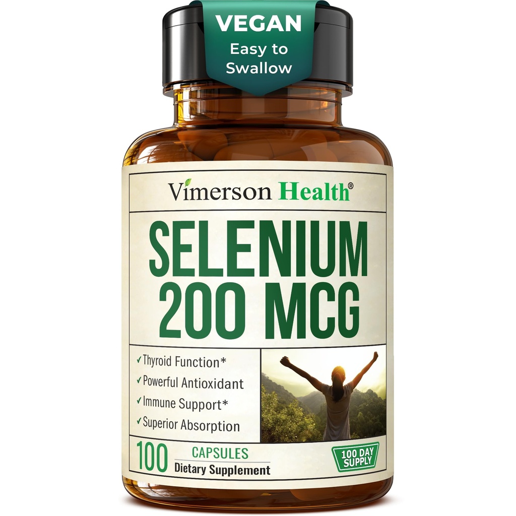 硒 200 mcg Capsules – 甲状腺素,抗氧化剂和免疫支持的高角硒补充剂 – 高生物利用率的L-Selenomethionine 必需矿物补充剂 – Vegan, 100 Capsules