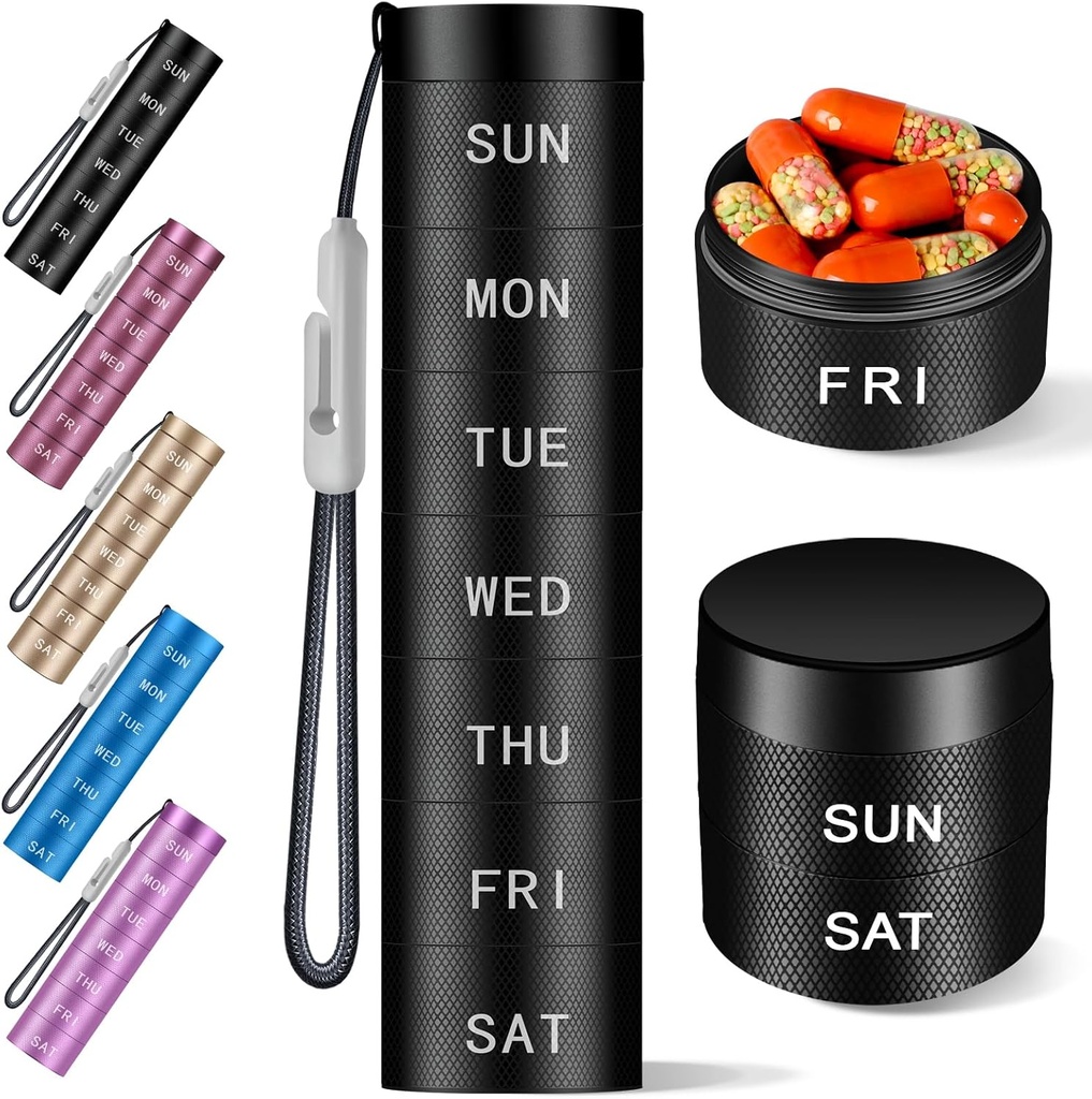 铝质旅行药丸组织者, Weekly Metal Pill案, Pill Holder, Moisture Profile Daily Pill Box 7天,大型药丸容器以持有维生素, 药物, 补充 [黑色 Knurling]
